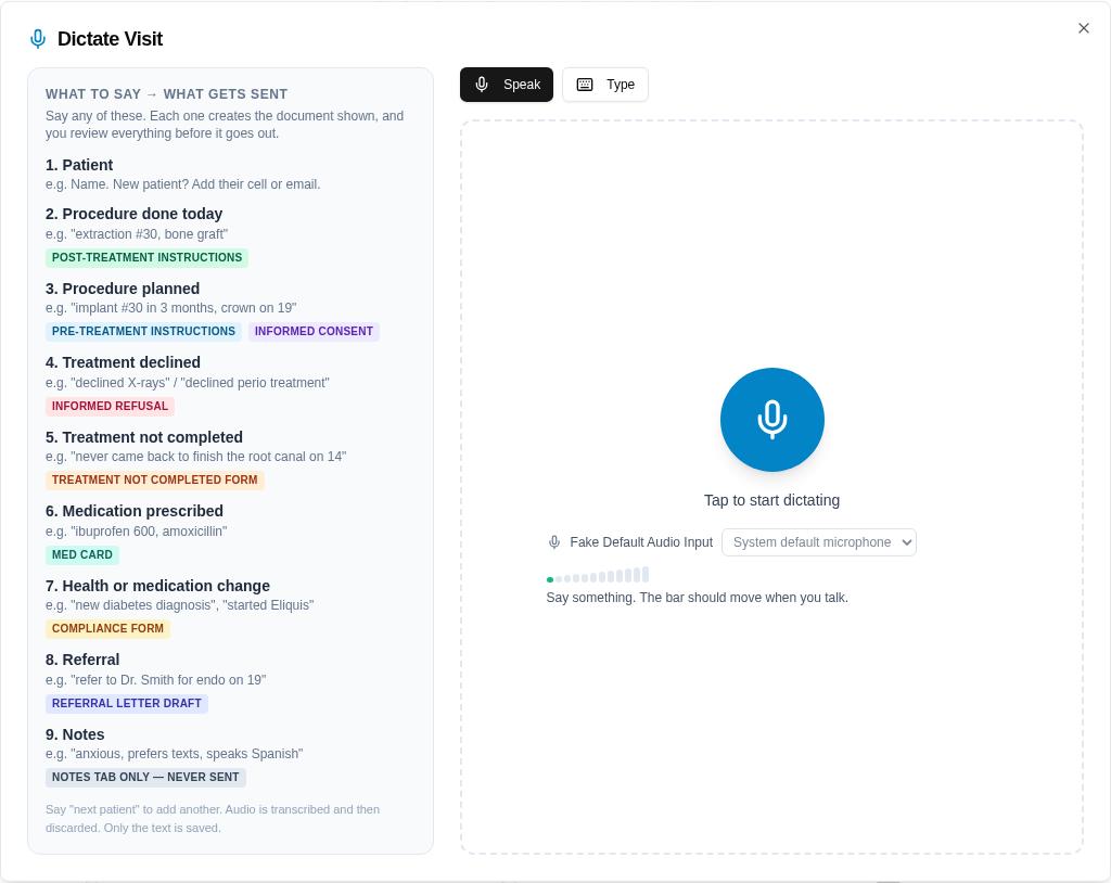 Dictate Visit microphone check and guide
