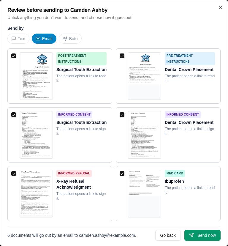 Review before sending: document thumbnails and Text, Email or Both