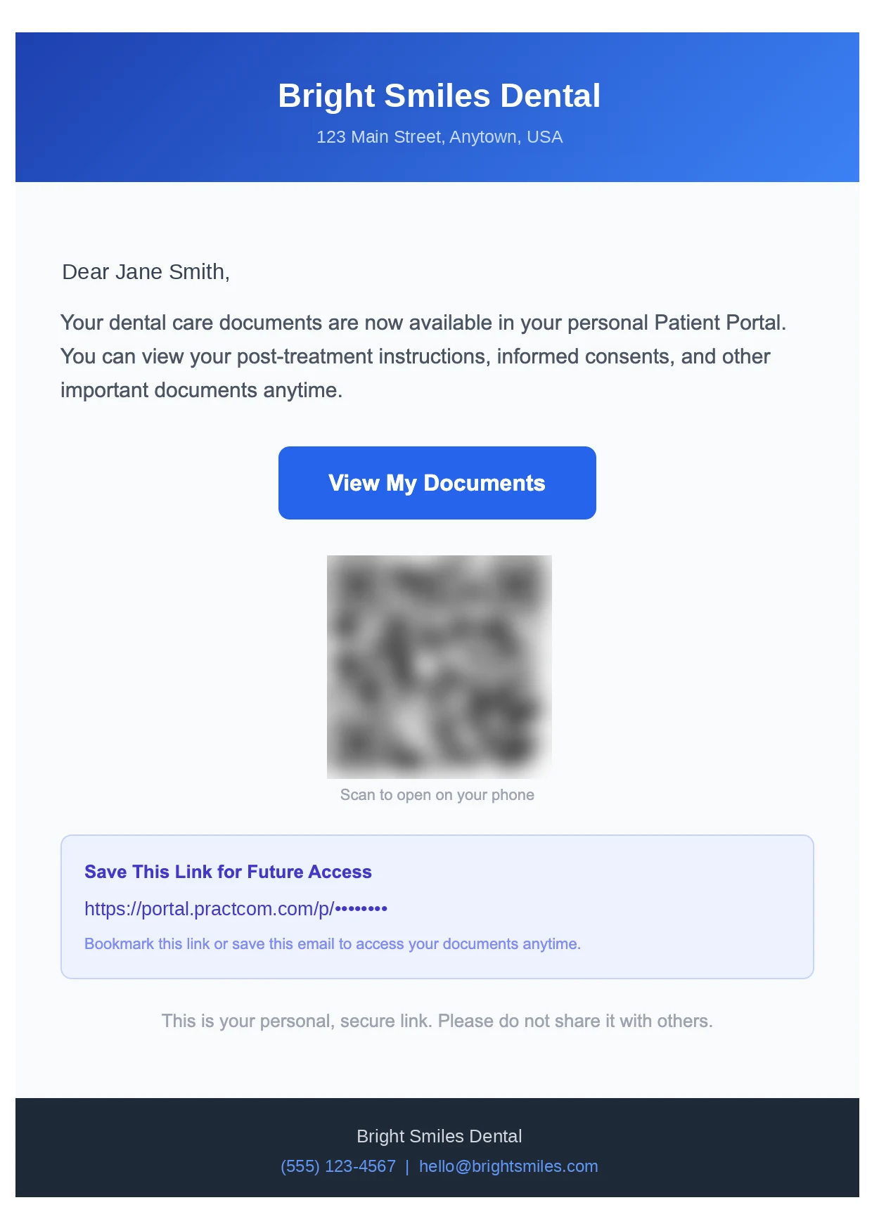Patient Portal email with a View My Documents button and QR code